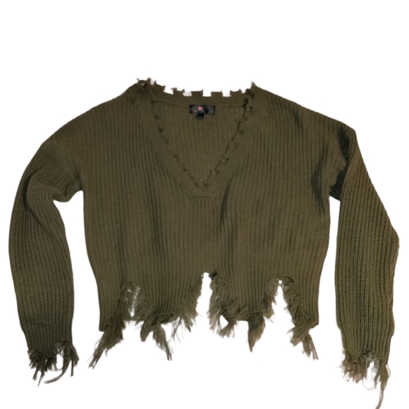 drop shoulder distressed trim sweater